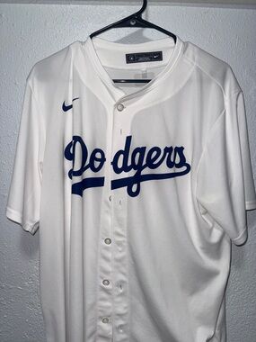 Nike White Dodgers Button-Up Jersey with Blue Script